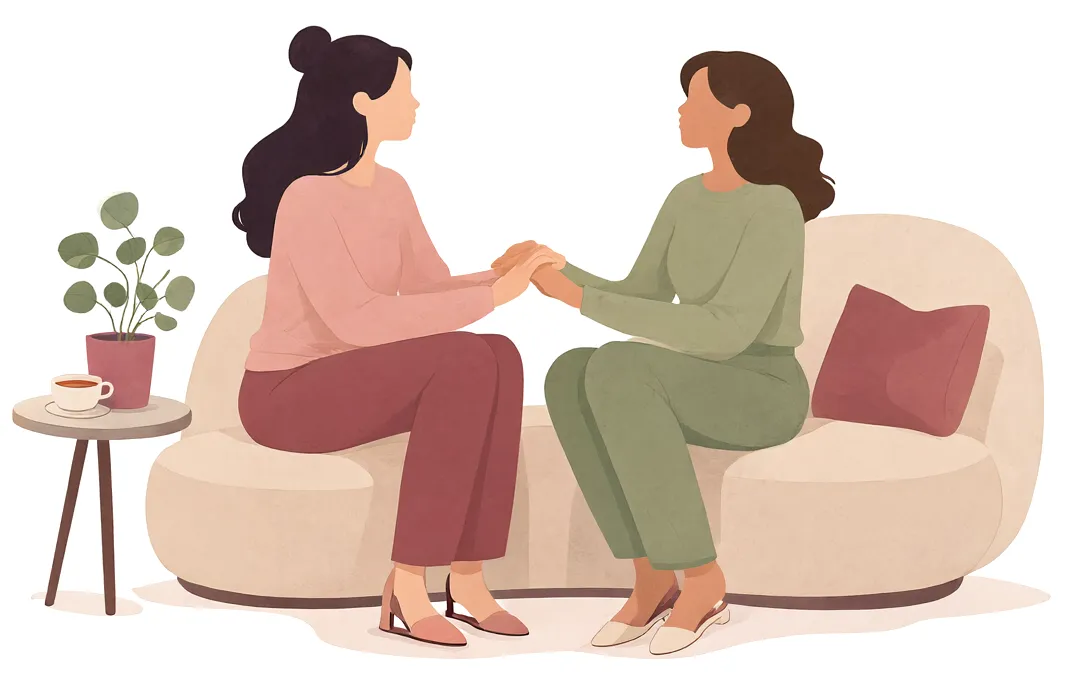 Ilustración de una mujer que consuela a otra con la mano en su hombro