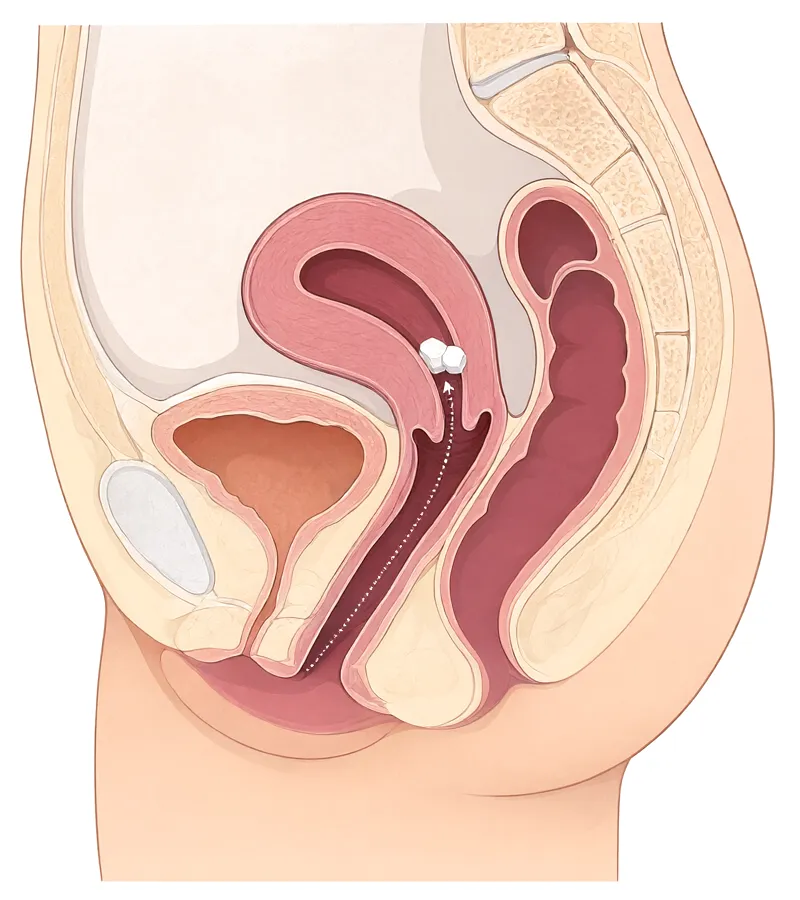 Corte anatómico de la pelvis con dos pastillas al fondo del canal vaginal, junto al cuello uterino