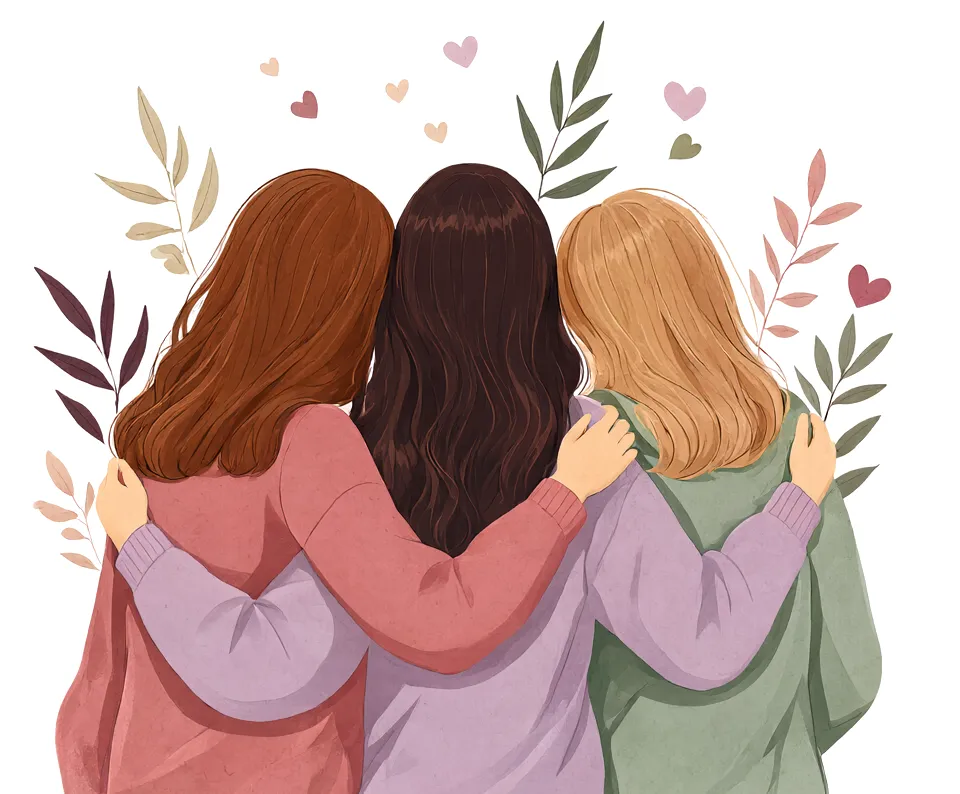 Ilustración de tres mujeres abrazadas, de espaldas, rodeadas de hojas